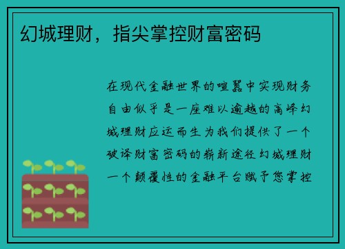 幻城理财，指尖掌控财富密码